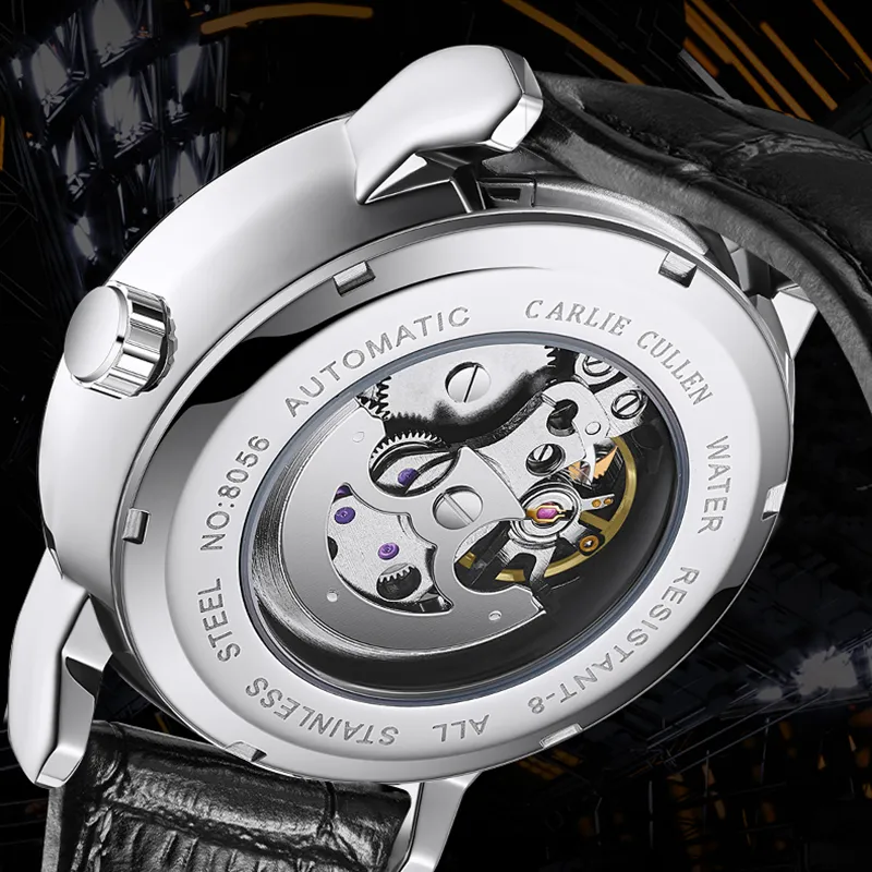 CARLIECULLEN Black Knight Series Automatic Mechanical Movement Genuine Leather Strap Watch Men's Watches Black Dial-5