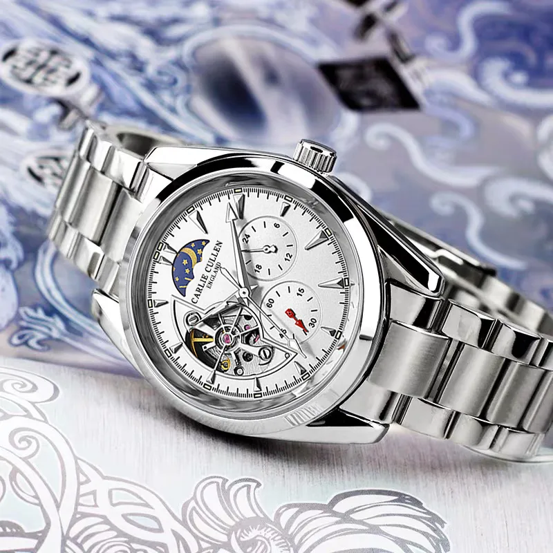 CARLIECULLEN Automatic Mechanical Movement Steel Strap Watch Men's Watches White Dial-6