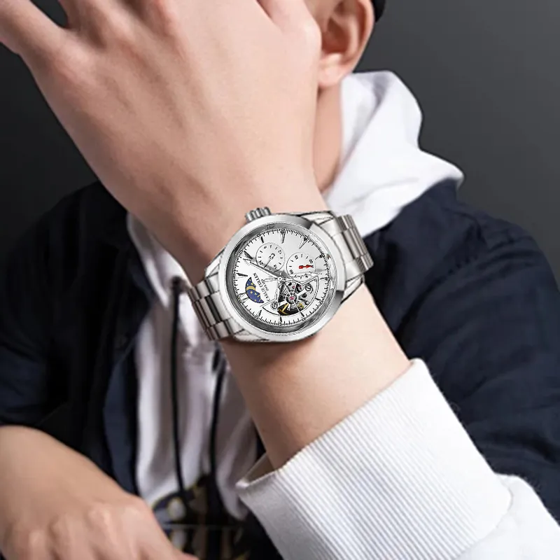CARLIECULLEN Automatic Mechanical Movement Steel Strap Watch Men's Watches White Dial-3