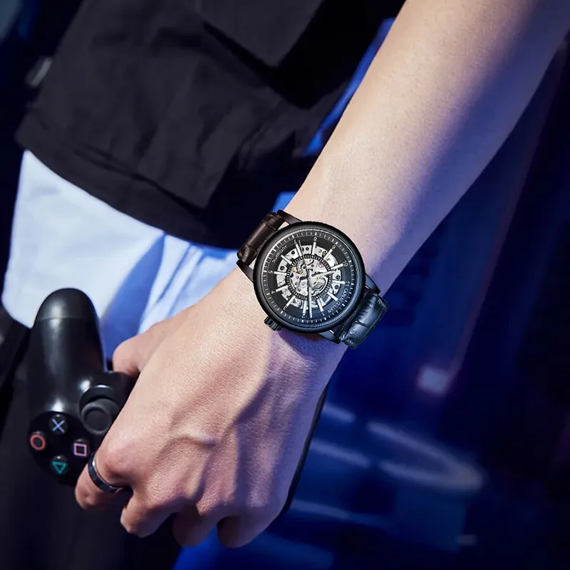 CARLIECULLEN Black Knight Series Automatic Mechanical Movement Genuine Leather Strap Watch Men's Watches Black Dial-9