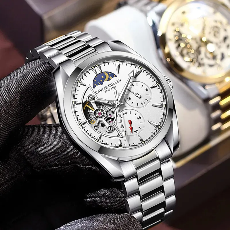 CARLIECULLEN Automatic Mechanical Movement Steel Strap Watch Men's Watches White Dial-17