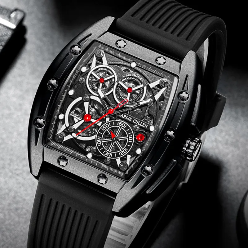 CARLIECULLEN Tourbillon Double Sided Cut Out Mechanical Movement Silicone Strap Watch Men's Watches Black Dial-11