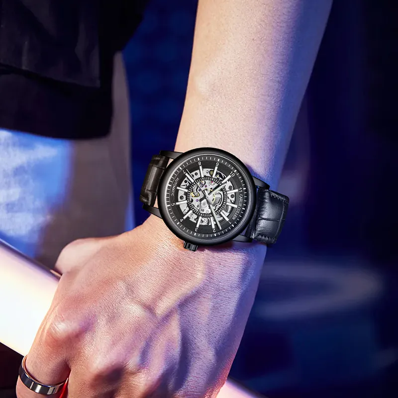CARLIECULLEN Black Knight Series Automatic Mechanical Movement Genuine Leather Strap Watch Men's Watches Black Dial-50