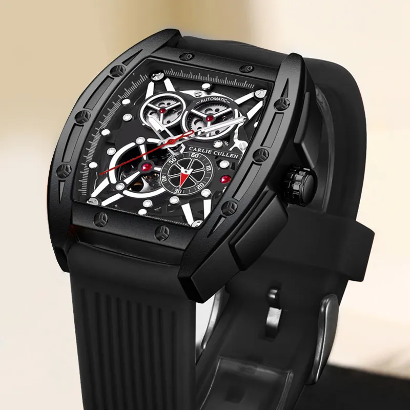 CARLIECULLEN Tourbillon Double Sided Cut Out Mechanical Movement Silicone Strap Watch Men's Watches Black Dial-6