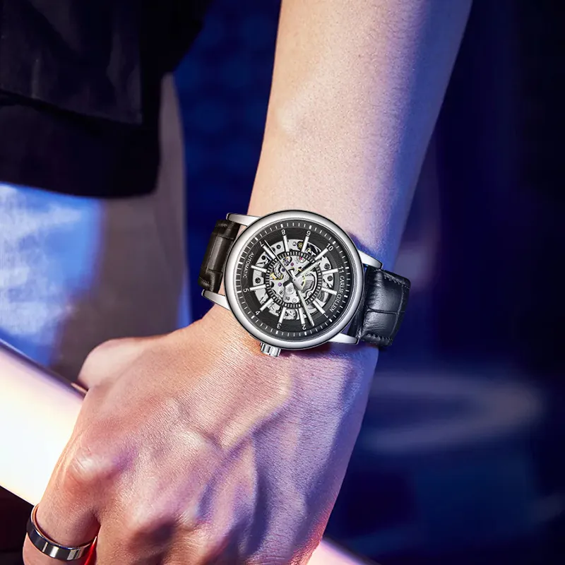 CARLIECULLEN Black Knight Series Automatic Mechanical Movement Genuine Leather Strap Watch Men's Watches Black Dial-44
