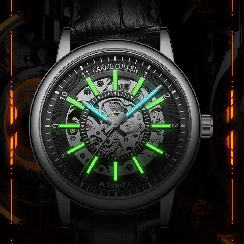 CARLIECULLEN Black Knight Series Automatic Mechanical Movement Genuine Leather Strap Watch Men's Watches Black Dial-48