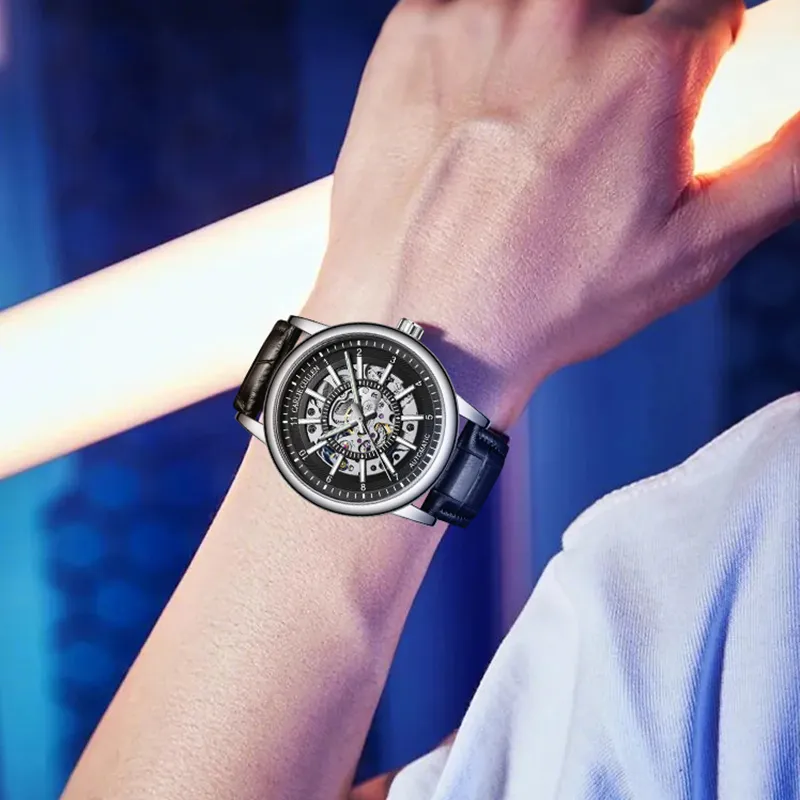 CARLIECULLEN Black Knight Series Automatic Mechanical Movement Genuine Leather Strap Watch Men's Watches Black Dial-16