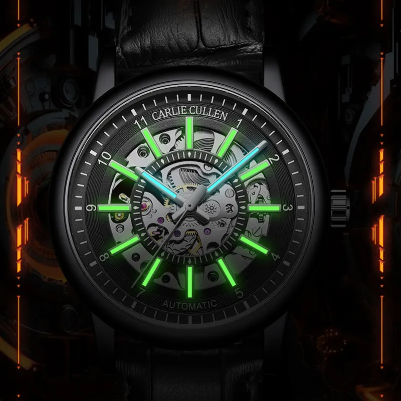 CARLIECULLEN Black Knight Series Automatic Mechanical Movement Genuine Leather Strap Watch Men's Watches Black Dial-41