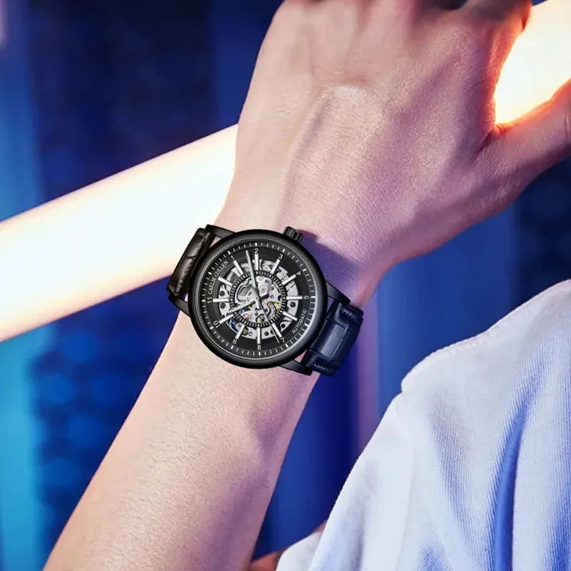 CARLIECULLEN Black Knight Series Automatic Mechanical Movement Genuine Leather Strap Watch Men's Watches Black Dial-38