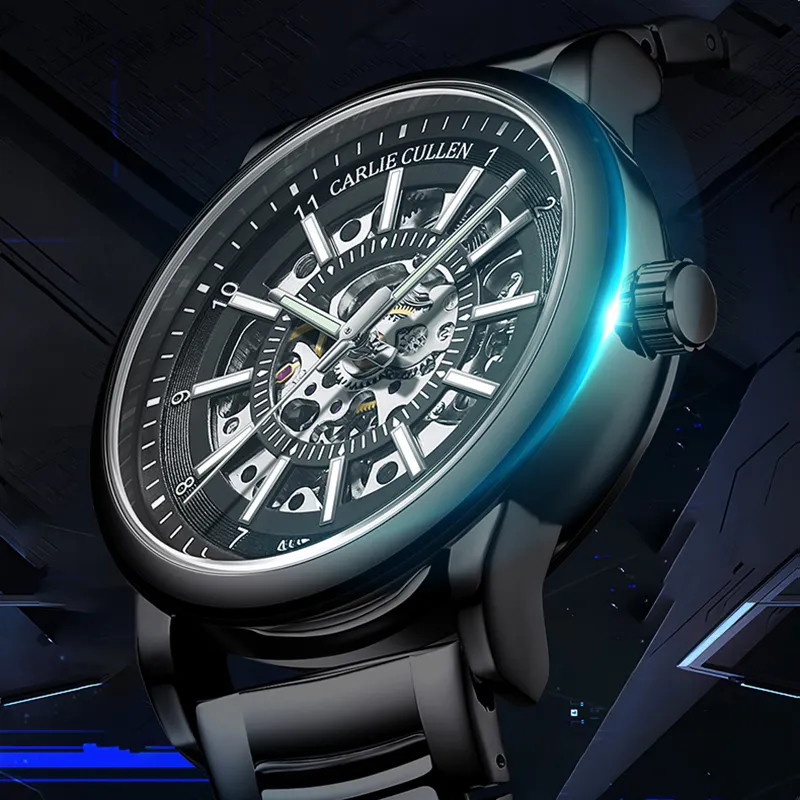 CARLIECULLEN Black Knight Series Automatic Mechanical Movement Stainless Steel Watchband Watch Men's Watches Black Dial-27