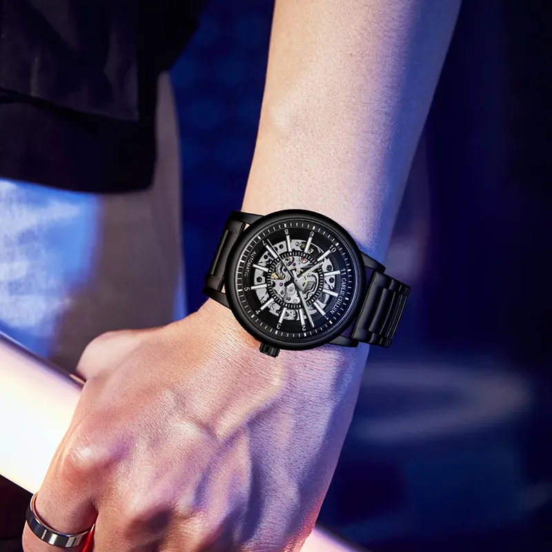 CARLIECULLEN Black Knight Series Automatic Mechanical Movement Stainless Steel Watchband Watch Men's Watches Black Dial-11