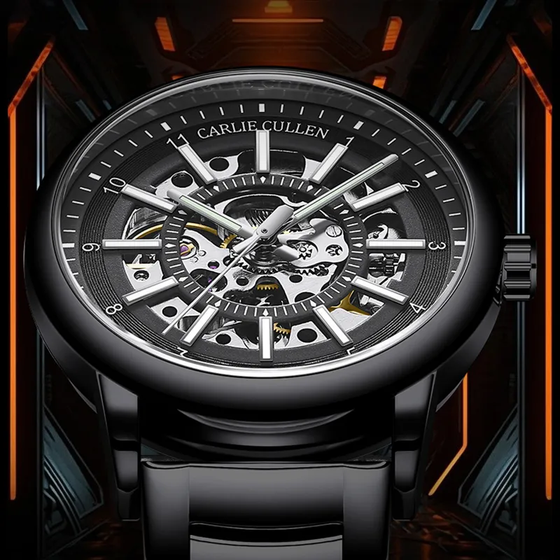 CARLIECULLEN Black Knight Series Automatic Mechanical Movement Stainless Steel Watchband Watch Men's Watches Black Dial-13