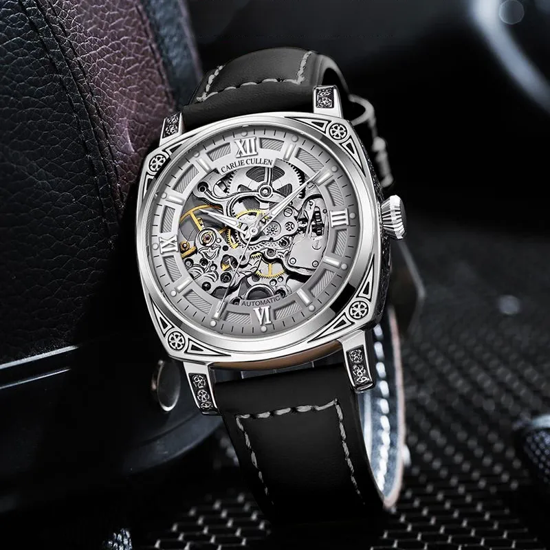CARLIECULLEN Automatic Mechanical Movement Genuine Leather Strap Watch Men's Watches Gray Dial-1