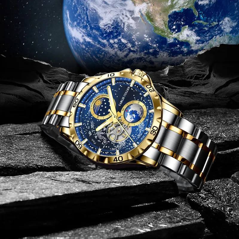 CARLIECULLEN Automatic Mechanical Movement Stainless Steel Watchband Watch Men's Watches Blue Dial-10