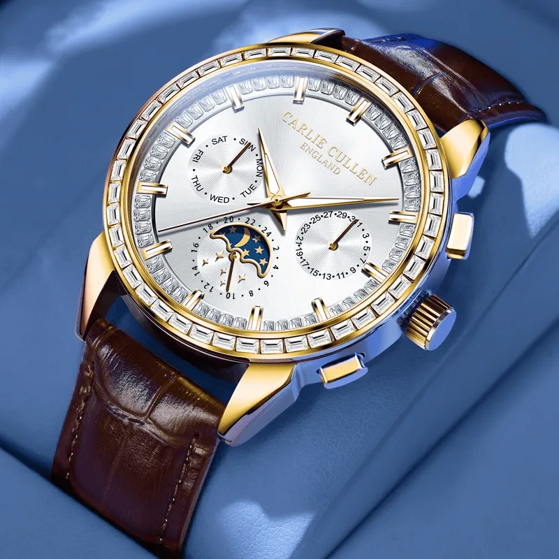 CARLIECULLEN Automatic Mechanical Movement Genuine Leather Strap Watch Men's Watches White Dial-8