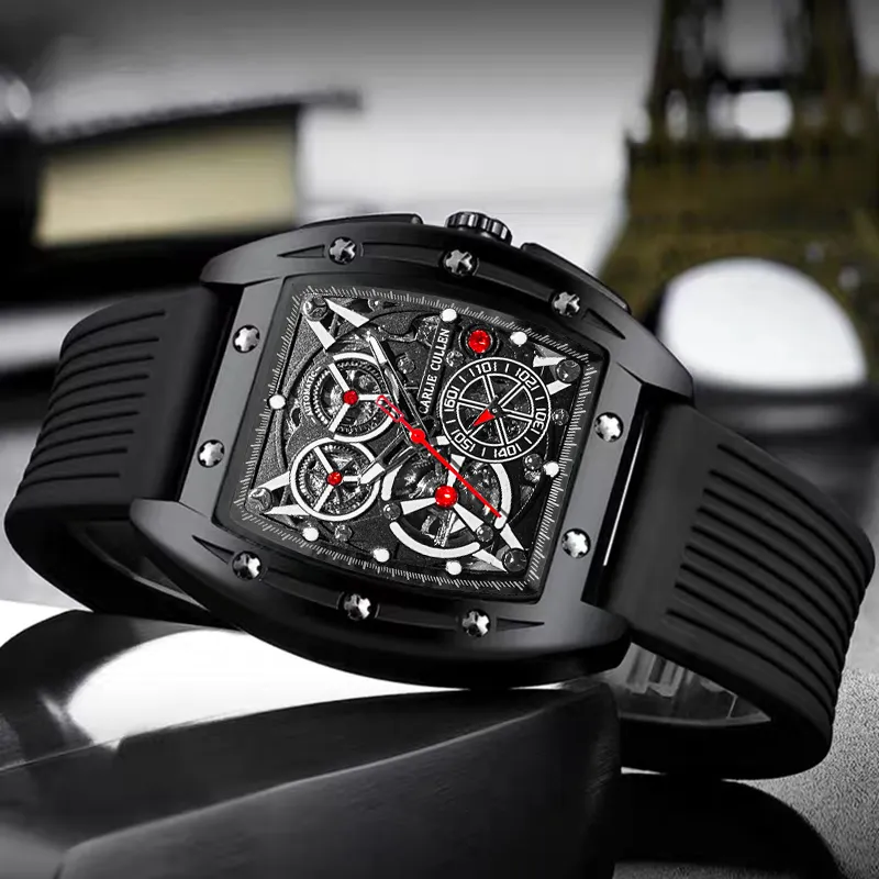 CARLIECULLEN Tourbillon Double Sided Cut Out Mechanical Movement Silicone Strap Watch Men's Watches Black Dial-5
