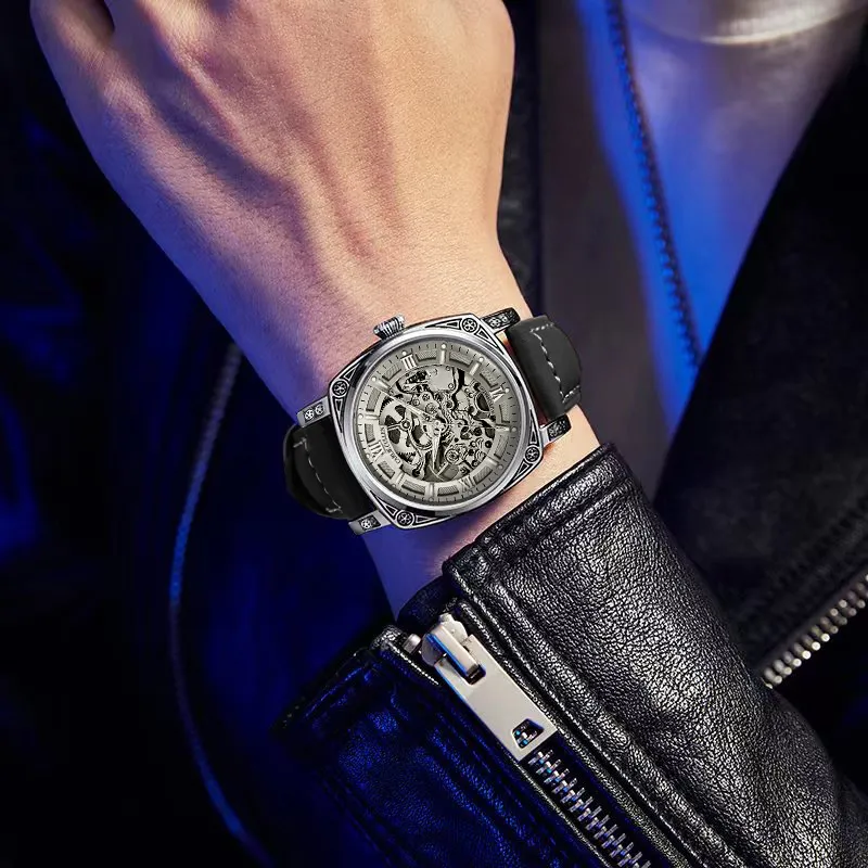 CARLIECULLEN Automatic Mechanical Movement Genuine Leather Strap Watch Men's Watches Gray Dial-6
