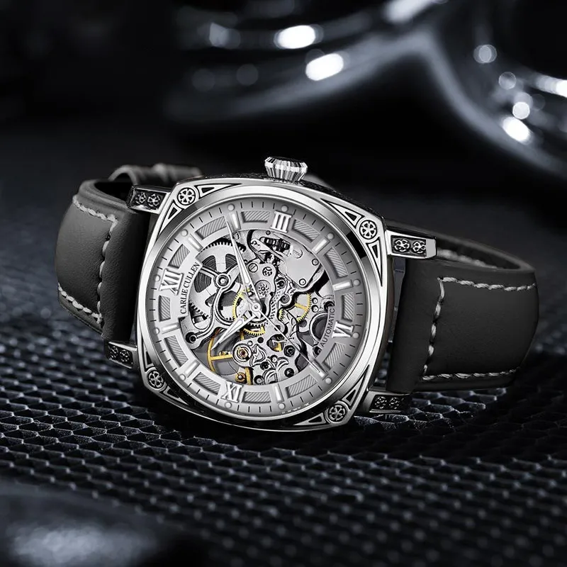 CARLIECULLEN Automatic Mechanical Movement Genuine Leather Strap Watch Men's Watches Gray Dial-3