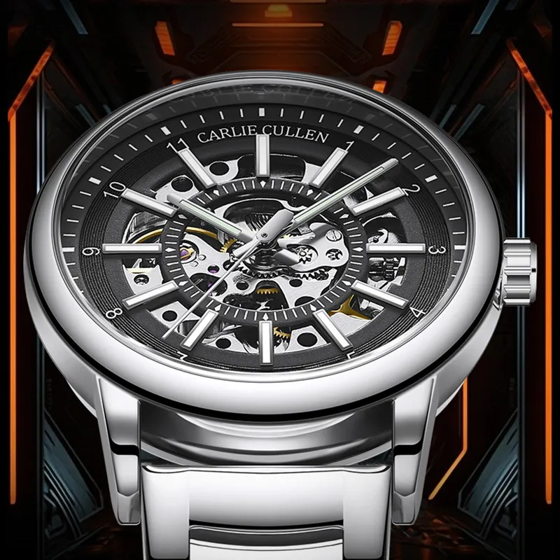 CARLIECULLEN Black Knight Series Automatic Mechanical Movement Stainless Steel Watchband Watch Men's Watches Black Dial-35