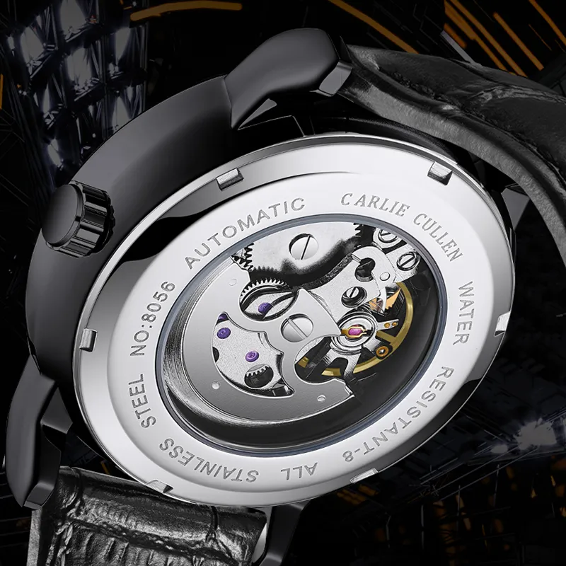 CARLIECULLEN Black Knight Series Automatic Mechanical Movement Genuine Leather Strap Watch Men's Watches Black Dial-12