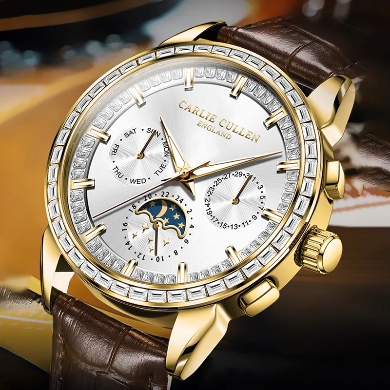 CARLIECULLEN Automatic Mechanical Movement Genuine Leather Strap Watch Men's Watches White Dial-2