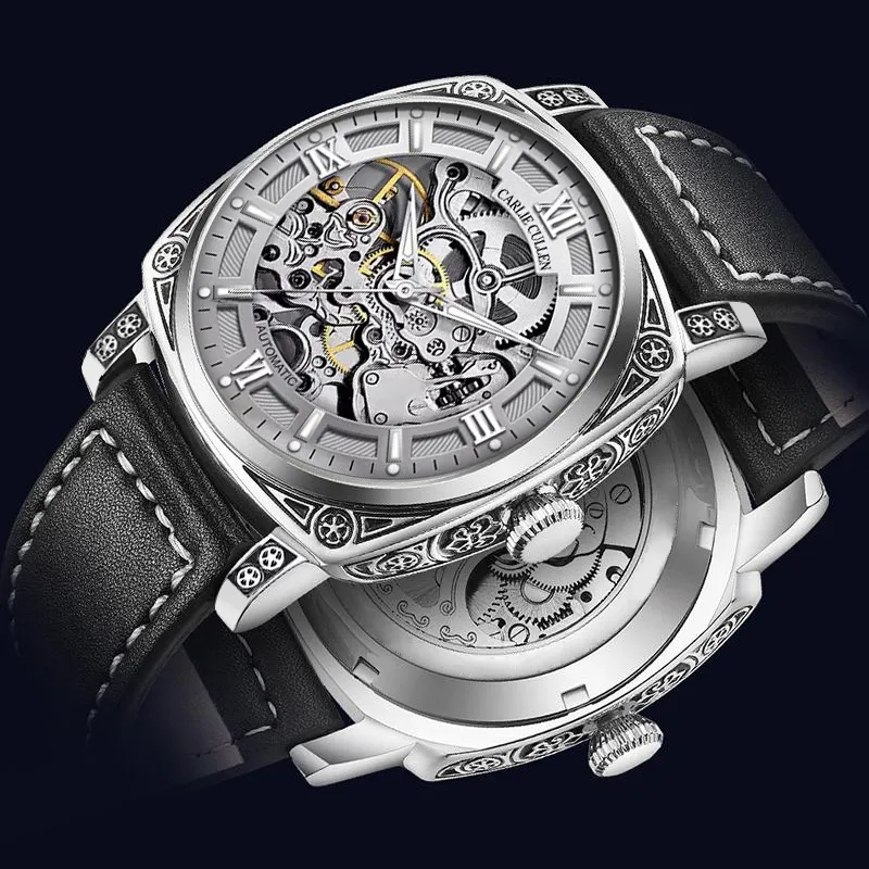 CARLIECULLEN Automatic Mechanical Movement Genuine Leather Strap Watch Men's Watches Gray Dial-9