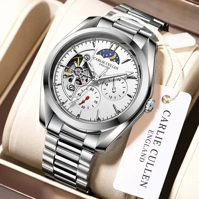 CARLIECULLEN Automatic Mechanical Movement Steel Strap Watch Men's Watches White Dial-16