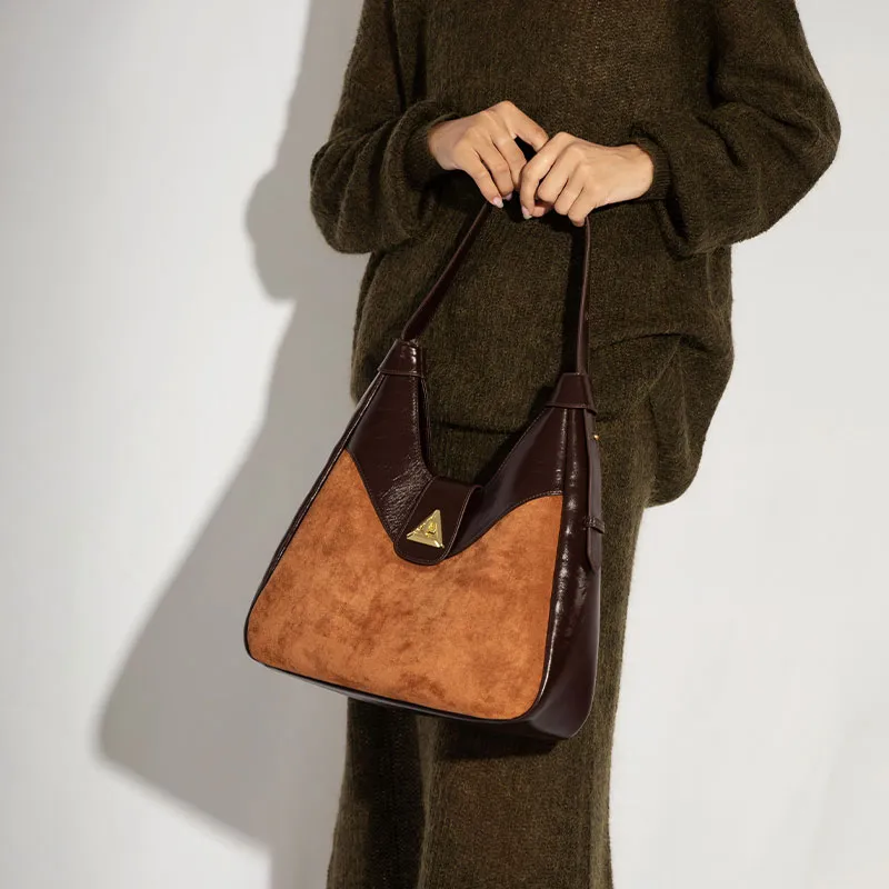VENOF Cow Leather Shoulder Bag Women's Sand Velvet Brown/Bar Coffee-6