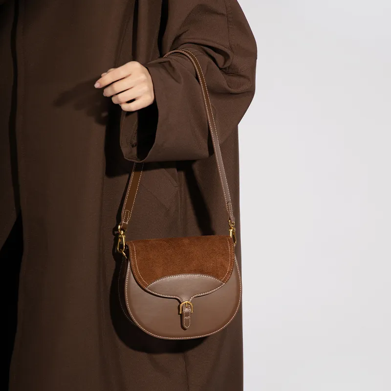 VENOF Cow Leather Saddle Bag, Shoulder Bag Women's Roman Hair/Vanji Coffee-8