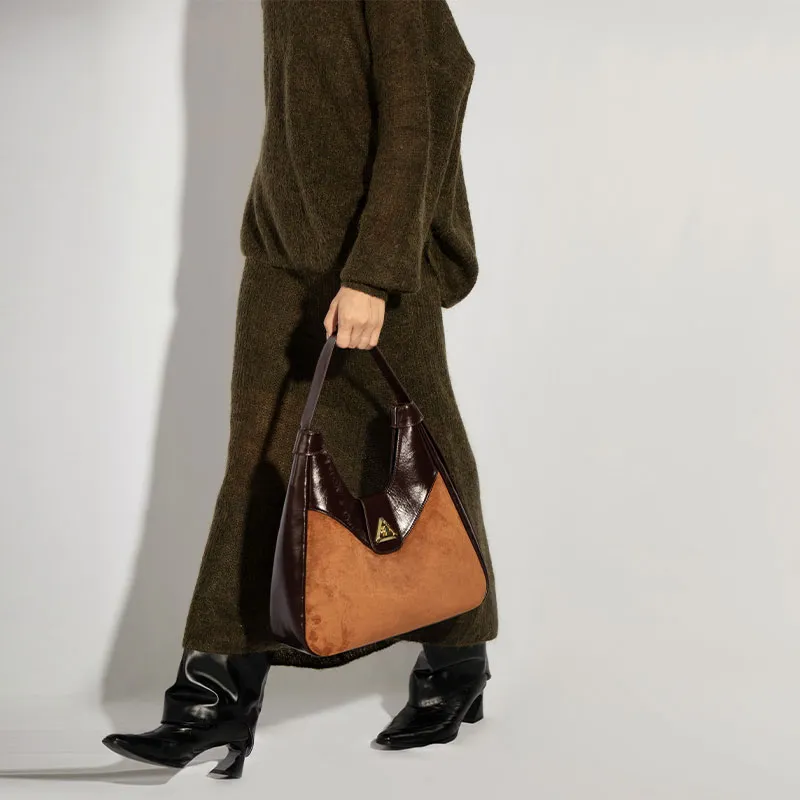 VENOF Cow Leather Shoulder Bag Women's Sand Velvet Brown/Bar Coffee-7