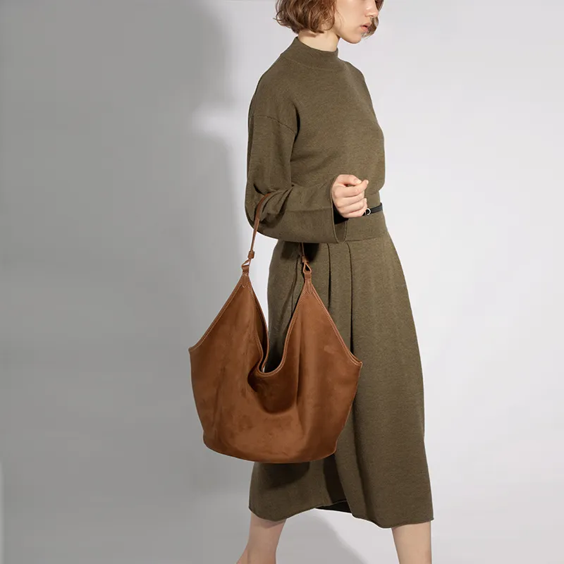 VENOF Matte Cowhide Leather Shoulder Bag Large Size Women's Sand Velvet Brown/Dense Mist Coffee-5