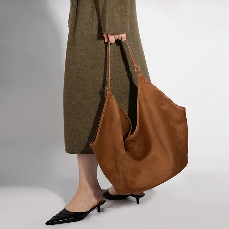 VENOF Matte Cowhide Leather Shoulder Bag Large Size Women's Sand Velvet Brown/Dense Mist Coffee-6