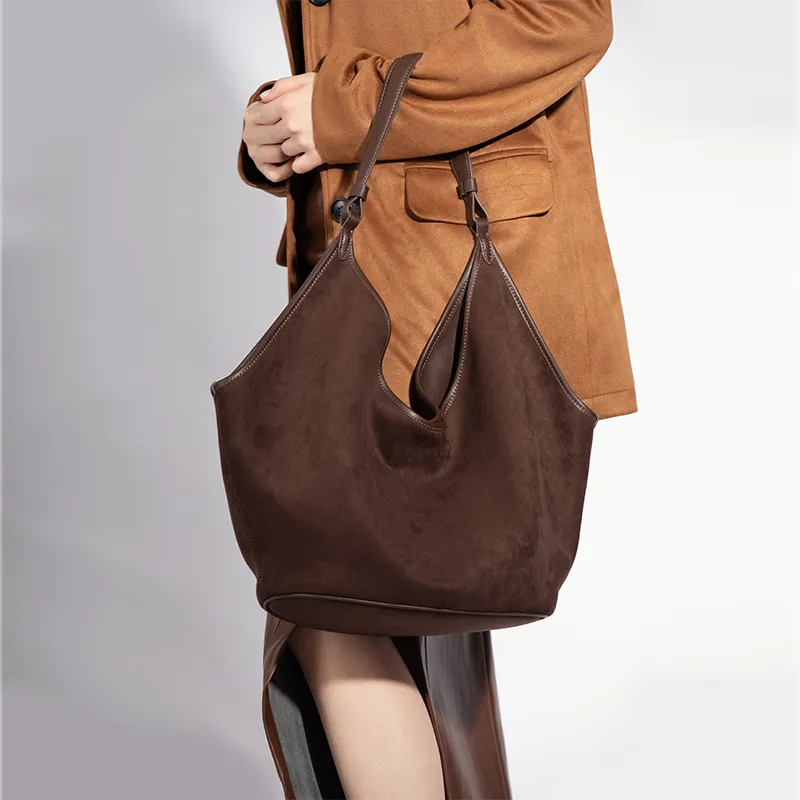 VENOF Matte Cowhide Leather Shoulder Bag Large Size Women's Sand Velvet Brown/Dense Mist Coffee-13