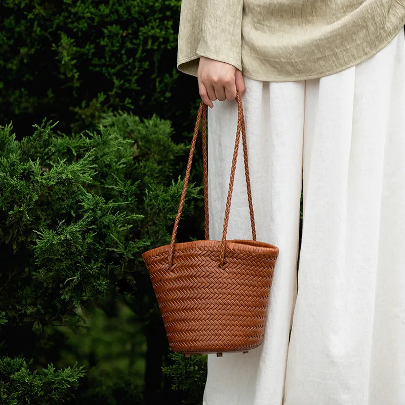 VENOF Vintage Genuine Cow Leather Lazy Hand Woven Bucket Bag, Shoulder Bag Women's Brown-8