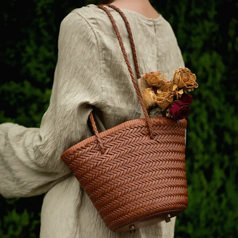 VENOF Vintage Genuine Cow Leather Lazy Hand Woven Bucket Bag, Shoulder Bag Women's Brown-7