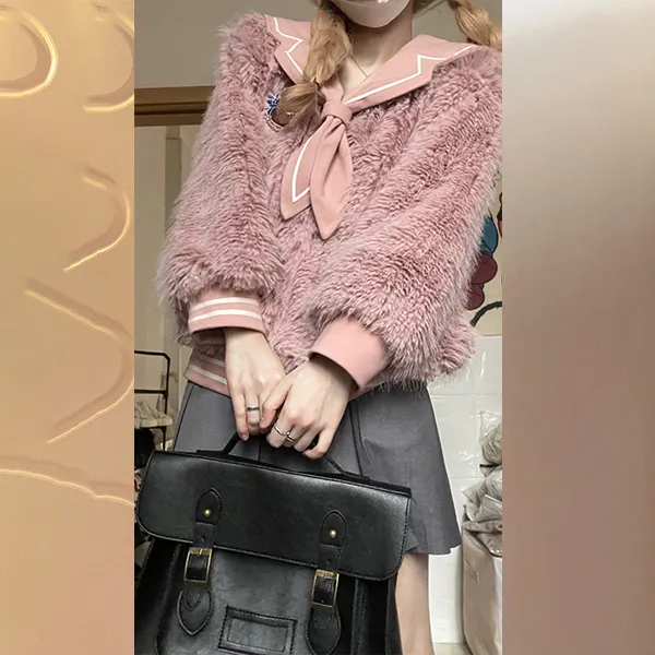 Ice cream and whale Velvet Jackets Women's Leather Pink Plush Coat-2