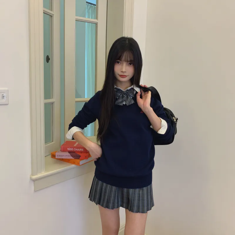 Ice Cream And Whale Uniforms Women's Dark Blue Pullover Sweater+Lulan River Plaid Skirt Comes With A Free Bow Tie-5