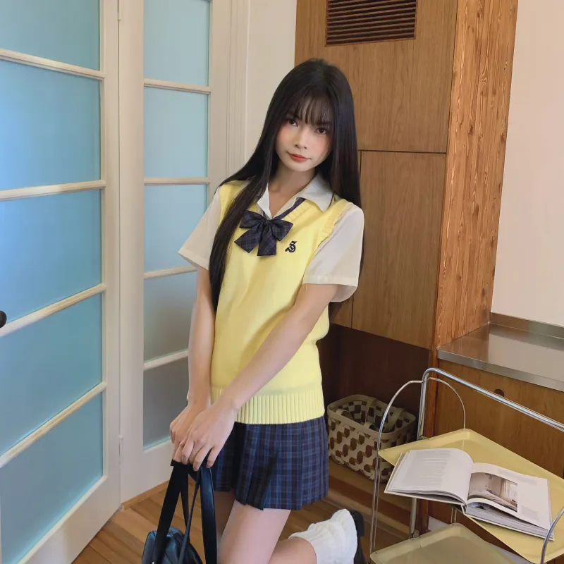 Ice Cream And Whale Uniforms Women's Custard Vest+Lilac Checkered Skirt Comes With Free Bow Tie+School Emblem-2