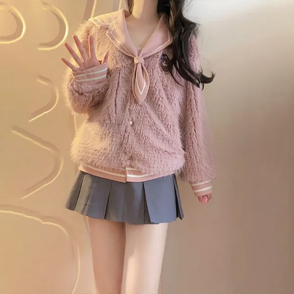 Ice cream and whale Velvet Jackets Women's Leather Pink Plush Coat-6