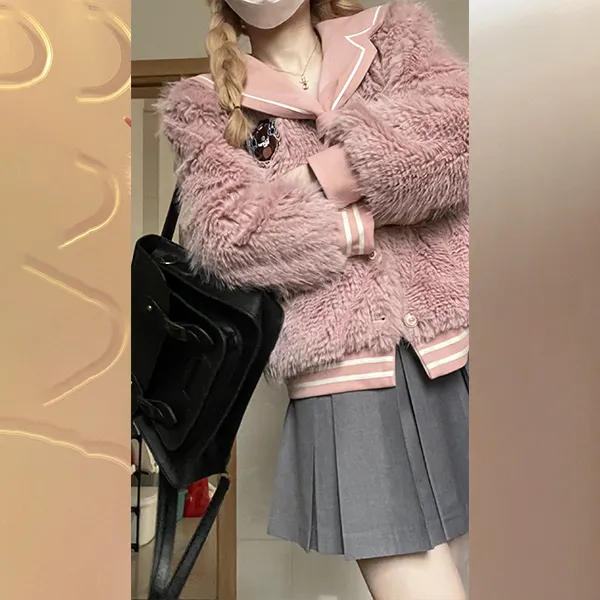 Ice cream and whale Velvet Jackets Women's Leather Pink Plush Coat-3