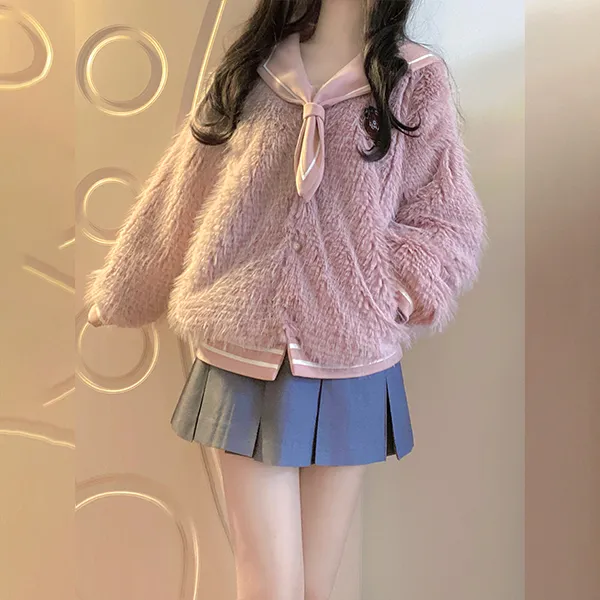 Ice cream and whale Velvet Jackets Women's Leather Pink Plush Coat-4
