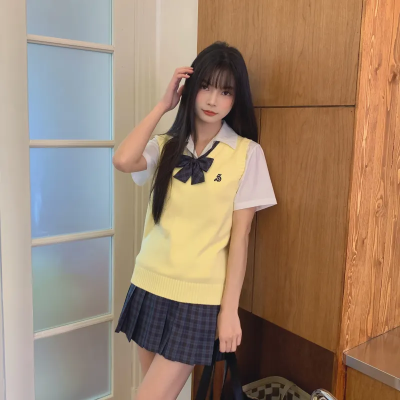 Ice Cream And Whale Uniforms Women's Custard Vest+Lilac Checkered Skirt Comes With Free Bow Tie+School Emblem-5