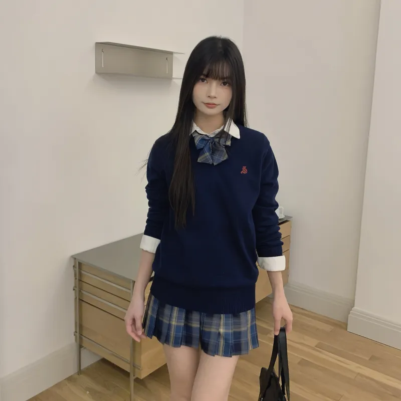 Ice cream and whale Uniforms Women's Dark Blue Pullover Sweater+Misty Whale Plaid Skirt, Comes With Free Shirt+Bow Tie+School Emblem-3