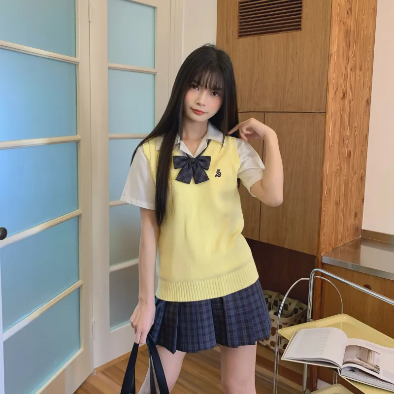 Ice Cream And Whale Uniforms Women's Custard Vest+Lilac Checkered Skirt Comes With Free Bow Tie+School Emblem-3