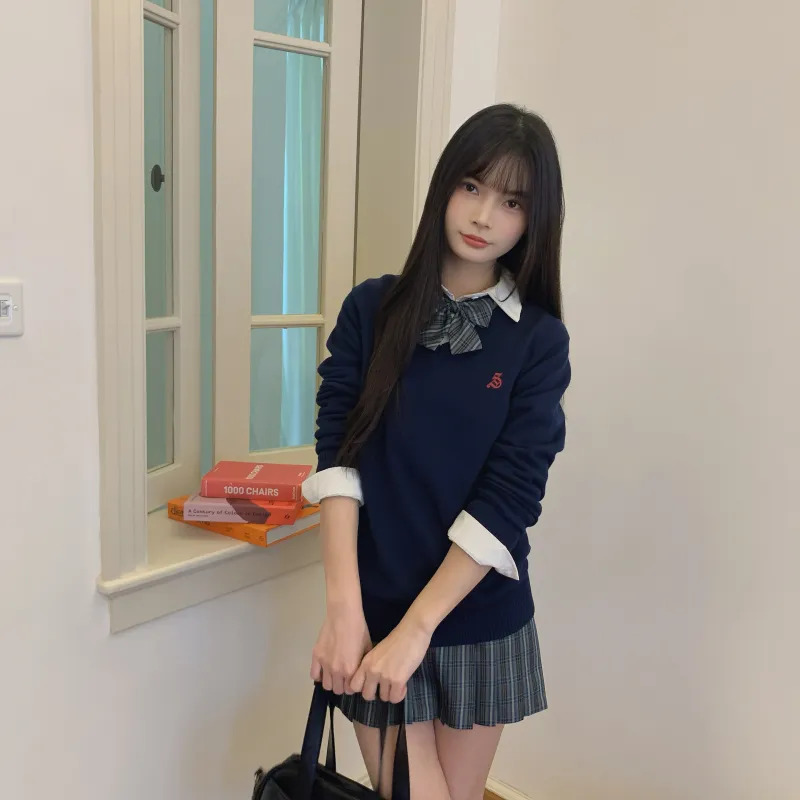 Ice Cream And Whale Uniforms Women's Dark Blue Pullover Sweater+Lulan River Plaid Skirt Comes With A Free Bow Tie-3