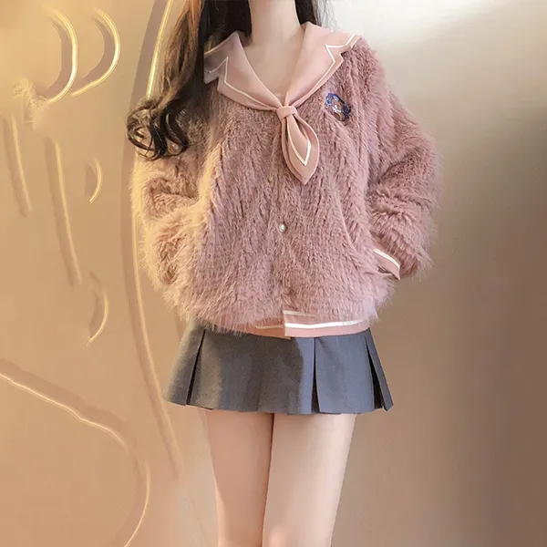 Ice cream and whale Velvet Jackets Women's Leather Pink Plush Coat-9