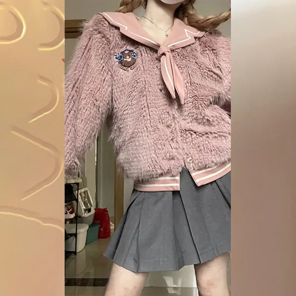 Ice cream and whale Velvet Jackets Women's Leather Pink Plush Coat-5