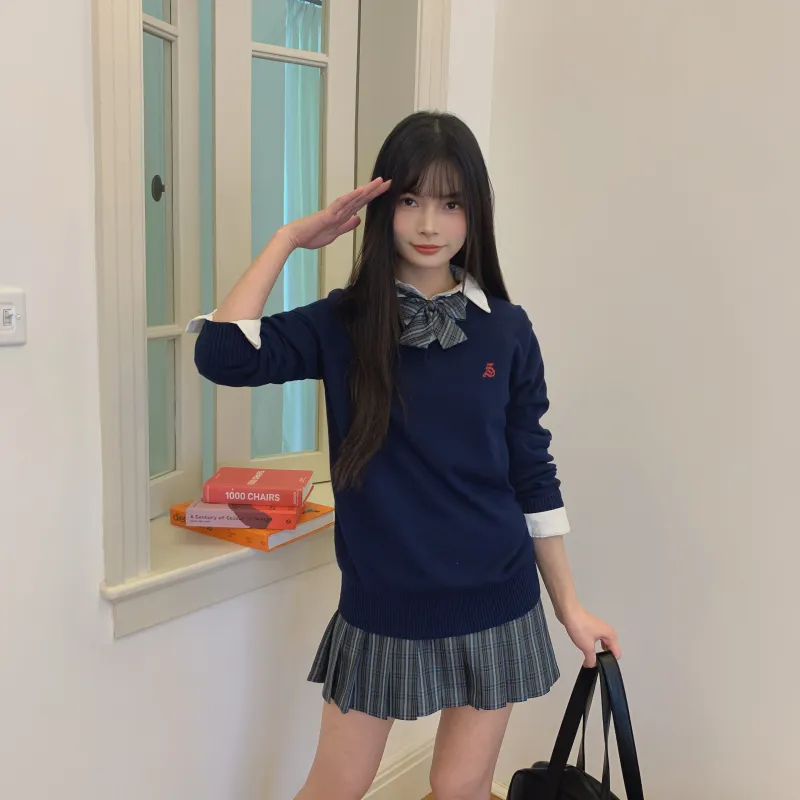 Ice Cream And Whale Uniforms Women's Dark Blue Pullover Sweater+Lulan River Plaid Skirt Comes With A Free Bow Tie-4