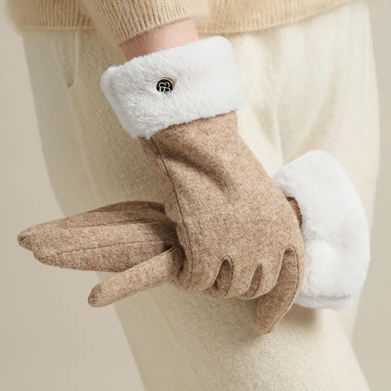 JIUMU Sheep Wool Warm Gloves Women's Beige Camel/Dark Camel/Black-1