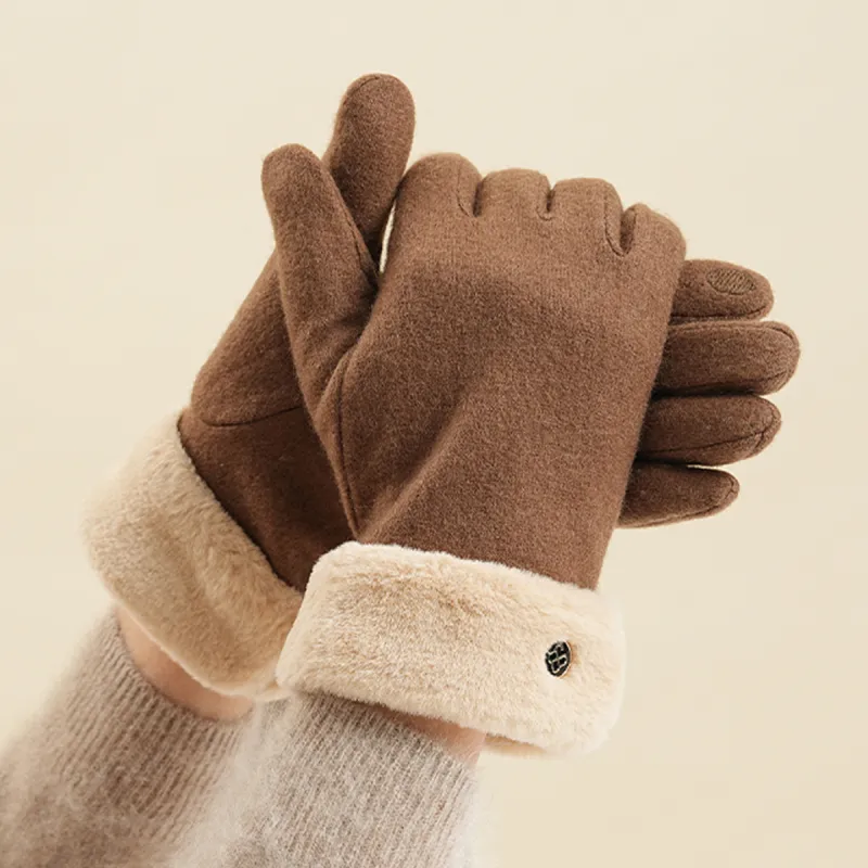 JIUMU Sheep Wool Warm Gloves Women's Beige Camel/Dark Camel/Black-3